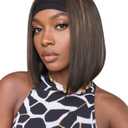 QUEENTAS 14" Straight Bob Headband Wig for Black Women, Glueless Wear and Go Synthetic Half Wig, No Lace Shoulder Length, #4/27 Brown with Honey Blonde Highlight