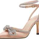 VETASTE Women's Double Bow Pointed Toe Ankle Strap Crystal Pumps Wedding Bridal Party Stilettos Backless Satin Heeled Sandals Size 7.5 (Pink, S)