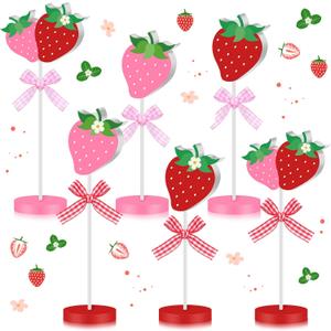Briwooody 6 Pcs Strawberry Table Decorations Red Pink Strawberry Tiered Tray Decor Summer Wooden Sign Rustic Tabletop Centerpiece Farmhouse Tall Standing for Birthday Baby Shower Party Home Decor