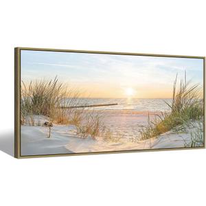 Canvas Framed Wall Art Beach: Ocean Coastal Large Picture Decor Seascape Sunset Scene Painting Sea Seaside Landscape Print Modern Seashore Grass Dunes Artwork for Bedroom Living Room, 57"L x 27"W