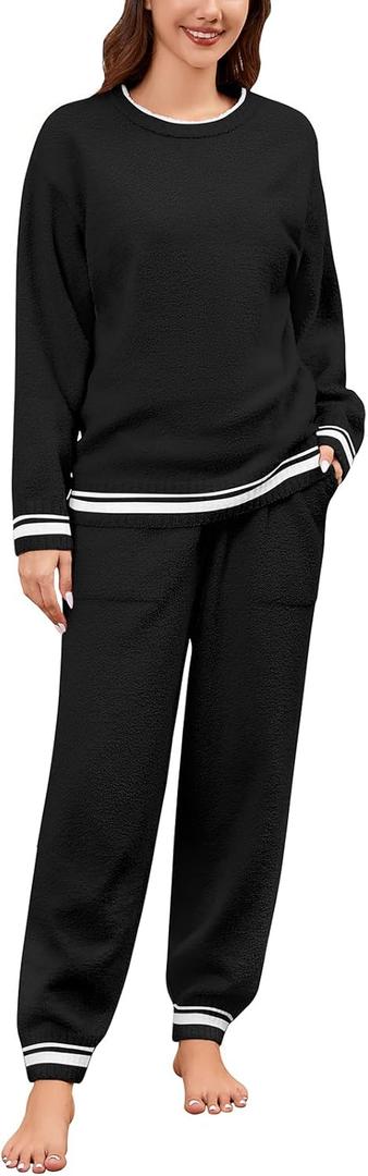 Fleece Pajamas Sets for Women - Warm Winter Cozy Fuzzy Lounge Sets Soft Comfy Long Sleeve 2 Peices Pj Sleepwear (Medium, Black)