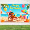 Happy Birthday Banner Beach with Dachshund Dog Decration for Tropical Birthday Party Summer Dog Themed Celebration Hawaiian Event Decor Supplies Photography Background 71x43 Inch