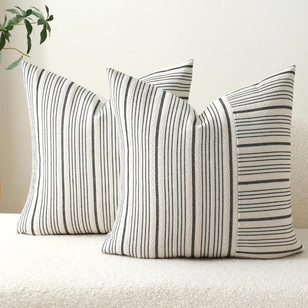 DWR Striped 3D Textured Weave Throw Pillow Covers 20x20 Set of 2, Polyester Cotton Blend in Black, Modern Farmhouse Decorative Pillow Cases for Couch Sofa Bed Living Room