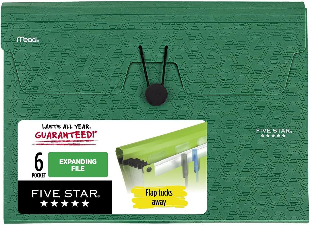 Five Star 6 Pocket Expanding File Organizer, Plastic Expandable File Folders with Pockets and Tab Inserts, Holds 11" x 8-1/2", Bungee Closure, Forest Green (72925)