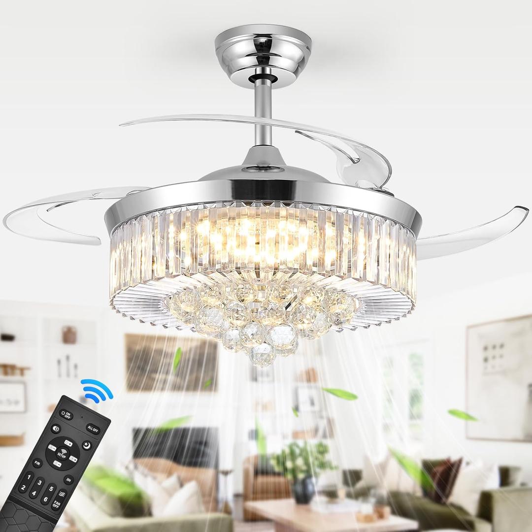 48'' Modern Chandelier Ceiling Fan with Timer, Silent Motor Fandelier Crystal Ceiling Fan with Light and Remote Control, Retractable Blade Fandeliers for Bedroom, 6 Speeds, 3 Colors, Silver