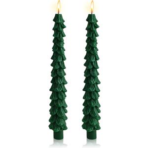 2 Pack Christmas Tree Taper Candles, 10 Inch Evergreen Unscented Decorative Candles for Xmas Table Centerpiece, Mantel, Holiday Festival Party Decorations