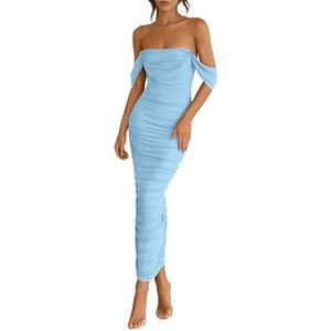 PRETTYGARDEN Womens 2025 Summer Off The Shoulder Dress Ruched Bodycon Sleeveless Split Cocktail Party Maxi Dresses XL
