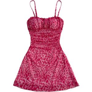 Verdusa Women's Leopard Print Y2K Mini Dress Fitted Spaghetti Strap Mesh Slip Dress Pink Medium