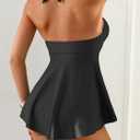 Halter Women's Tankini Swimsuits Tummy Control Two Piece Swim Dress Bathing Suits Flowy Swim Top with Short (Black, XL)