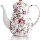 Agyiuns Tea Pot, Porcelain Teapot 37oz,tea pots for tea party,Tea Infuser Pots for Blooming loose Leaf Tea (White with flower)
