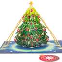 2 x Christmas Tree Pop Up Card, Merry Christmas, Pine Tree, Snowflakes, Balls, Snow, Light, 3D Greeting Card, Gift for Xmas, 5x7 - Includes Envelope And Message Note