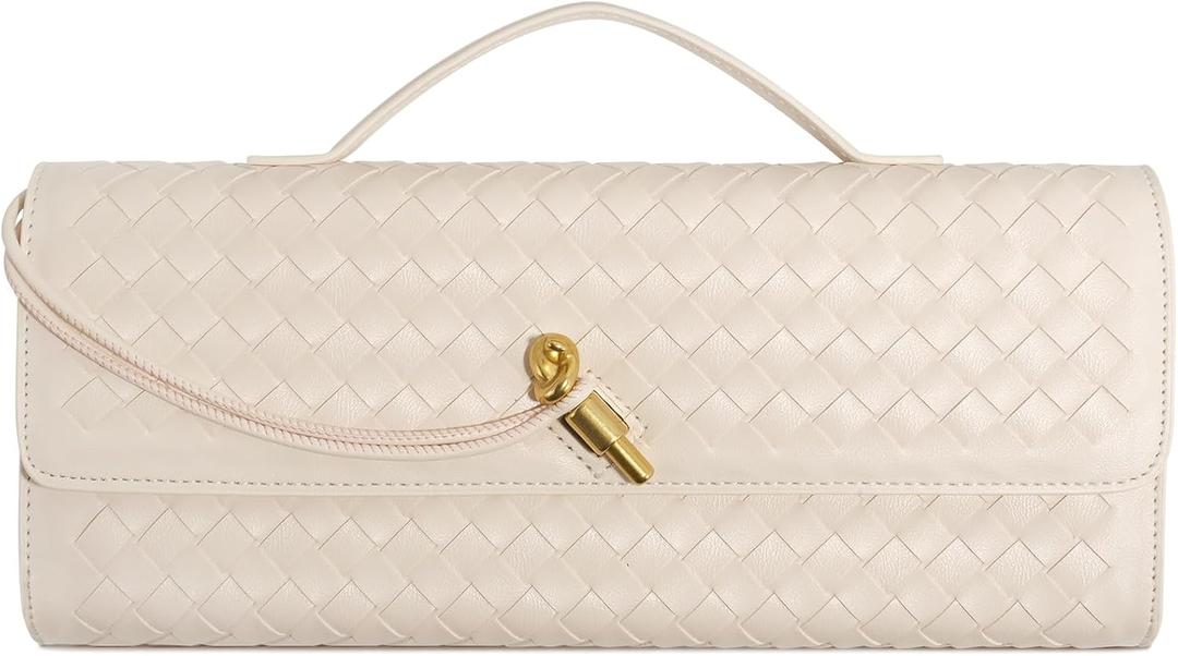 Woven Clutch Purses for Women, Leather Evening Bag Shoulder Handbag Formal Satchel Crossbody Purse Party Bag, Cream White