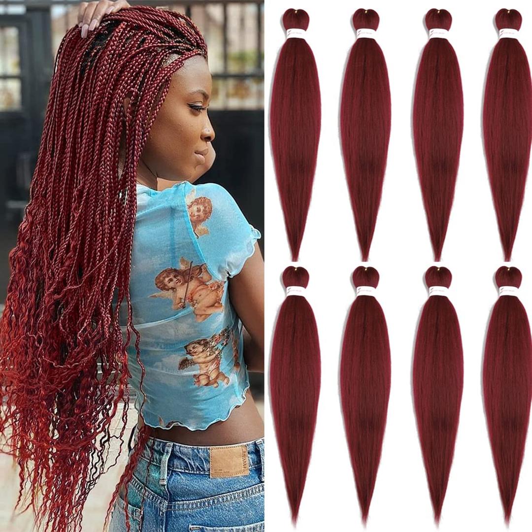 Pre Stretched Braiding Hair Extensions 26inch 8packs Professional Braids Hair Soft Yaki Straight Braid Hair Hot Water Setting Synthetic Crochet Hair (26inch,Burgundy)