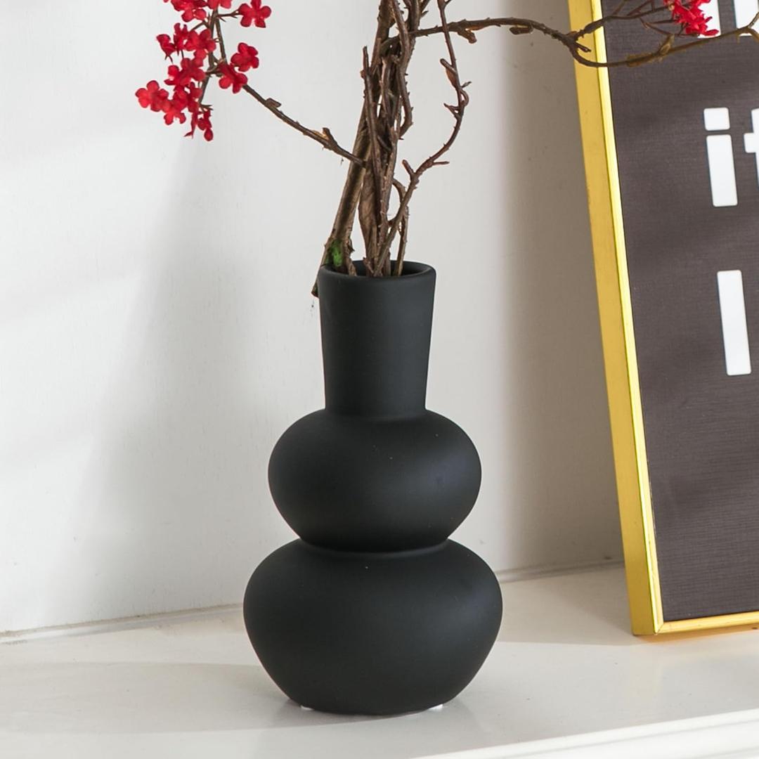 Modern Ceramic Vase, Matte Black Boho Vase, Minimalist Pampas Clay Vases for Wedding Dinner Living Room Office Bedroom, Table Centerpieces