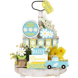 12 Pcs Spring Daisy Tiered Tray Decor Set, Table Block Sign Wooden Daisy Flower Tabletop Decorations Farmhouse Rustic Sunshine Flower Car Decor for Spring Party Home Kitchen