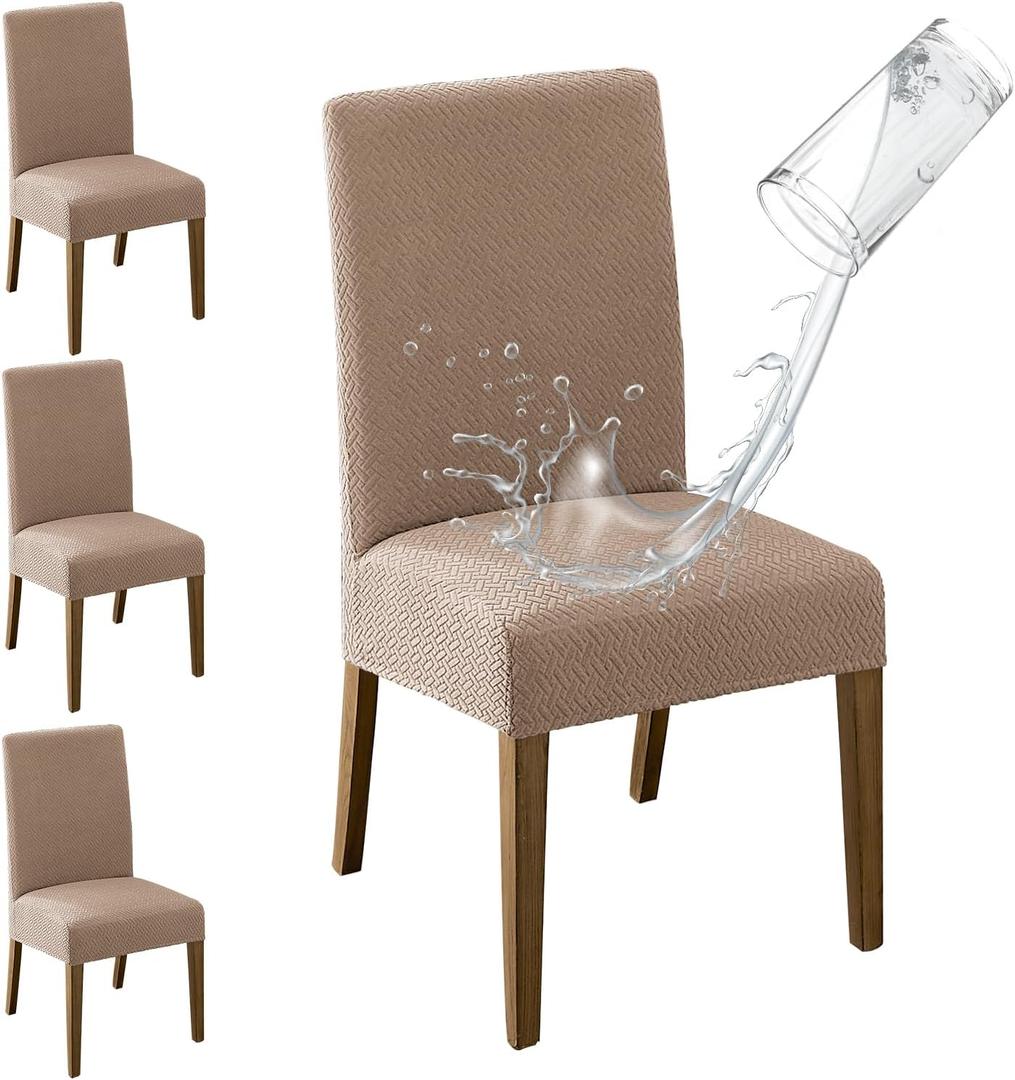 MOSAYT 100% Waterproof Dining Room Chair Covers Set of 4, Super Fit Stretch Jacquard Parson Chairs Slipcovers Removable Washable Chair Seat Protectors for Home, Kitchen, Banquet (Sand)