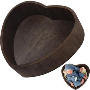 1pc Heart Shaped Photography Props Baby Infant Photo Props Kids Baby Basket Kid Photo Posing Case Clothes Newborn Modeling Wood, Coffee 