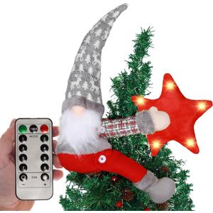 Christmas Tree Topper Gnome Decorations with Lights,21.7 Inches Handmade Embrace Christmas Tree Gnome with Lighted StarChristmas Home Decor Curtain Tie Wine Bottle DecorationGrey hat