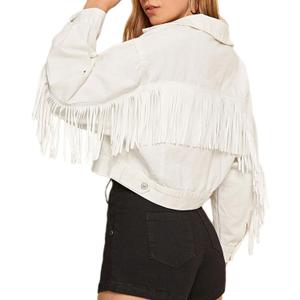 CHARTOU Women's Chic Button Down Tassel Fringe Denim Jean Cropped Jacket (Medium, White)