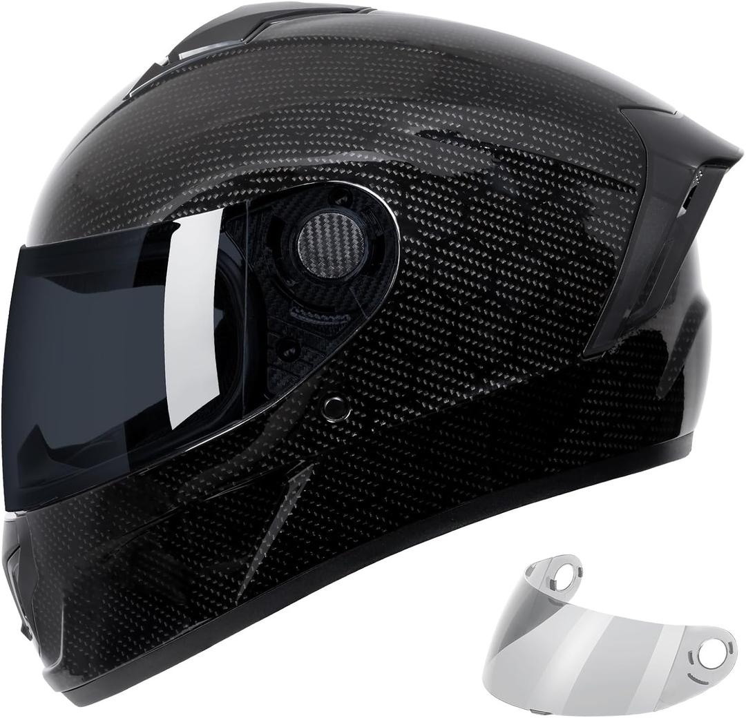 Full Face Motorcycle Helmet DOT Approved for Adults, Lightweight Street Bike Helmet with Ventilation, All-Season Riding Gear, Removable Washable Liner, Stylish Design for Men and Women (Large, New Carbon Fiber)