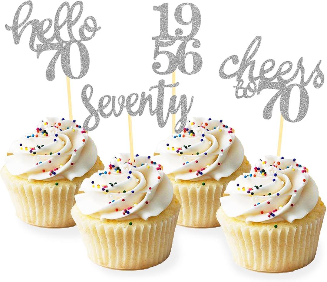 24 Pcs Glitter 70th Birthday Cupcake Toppers for Celebrating 70th Birthday Party Decorations for Seventy Years Old Birthday Party Supplies (Silver2)