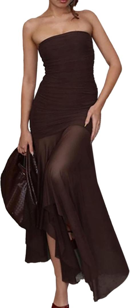 Women's Sexy Strapless Mesh Maxi Dress Tube Top Midi Dresses Wedding Guest Party Cocktail (Brown) Small