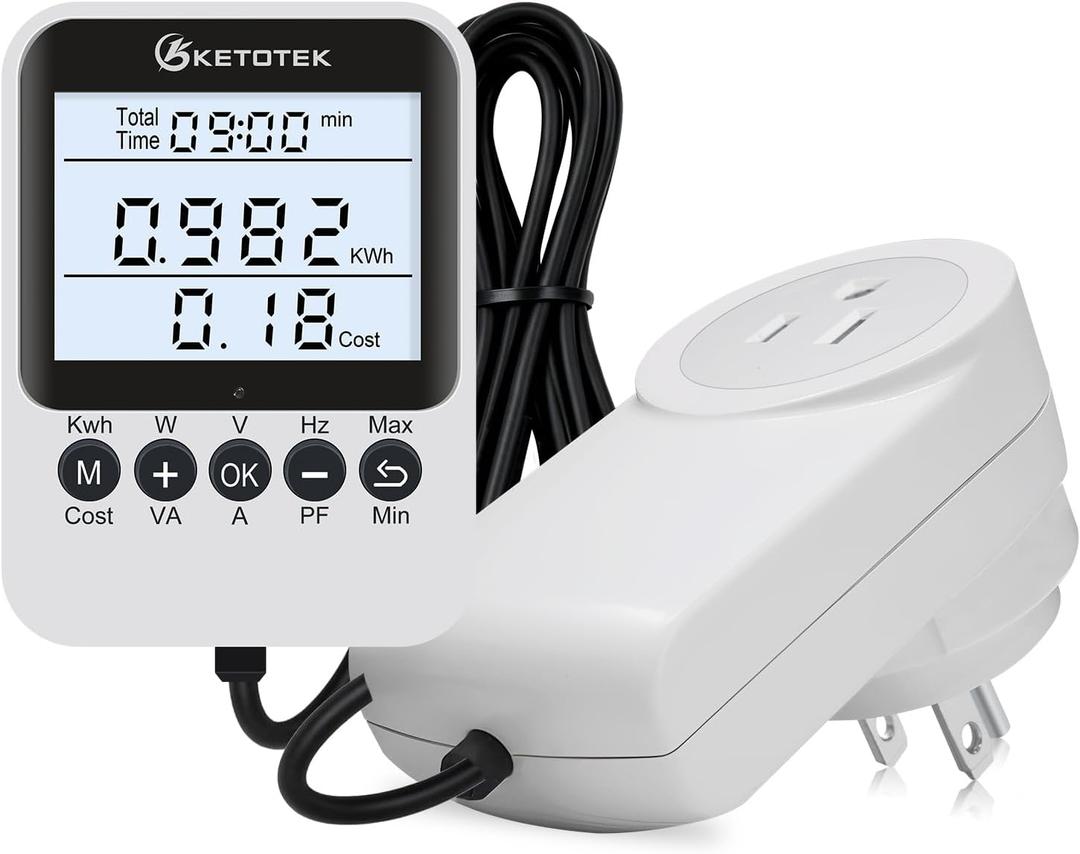 KETOTEK Watt Meter Plug, Power Meter with Backlight, Upgraded Electricity Usage Monitor Consumption, Display Connected via Cable, Overload Protection, Wattage Meter For Home Electrical Monitoring - Pack of 2
