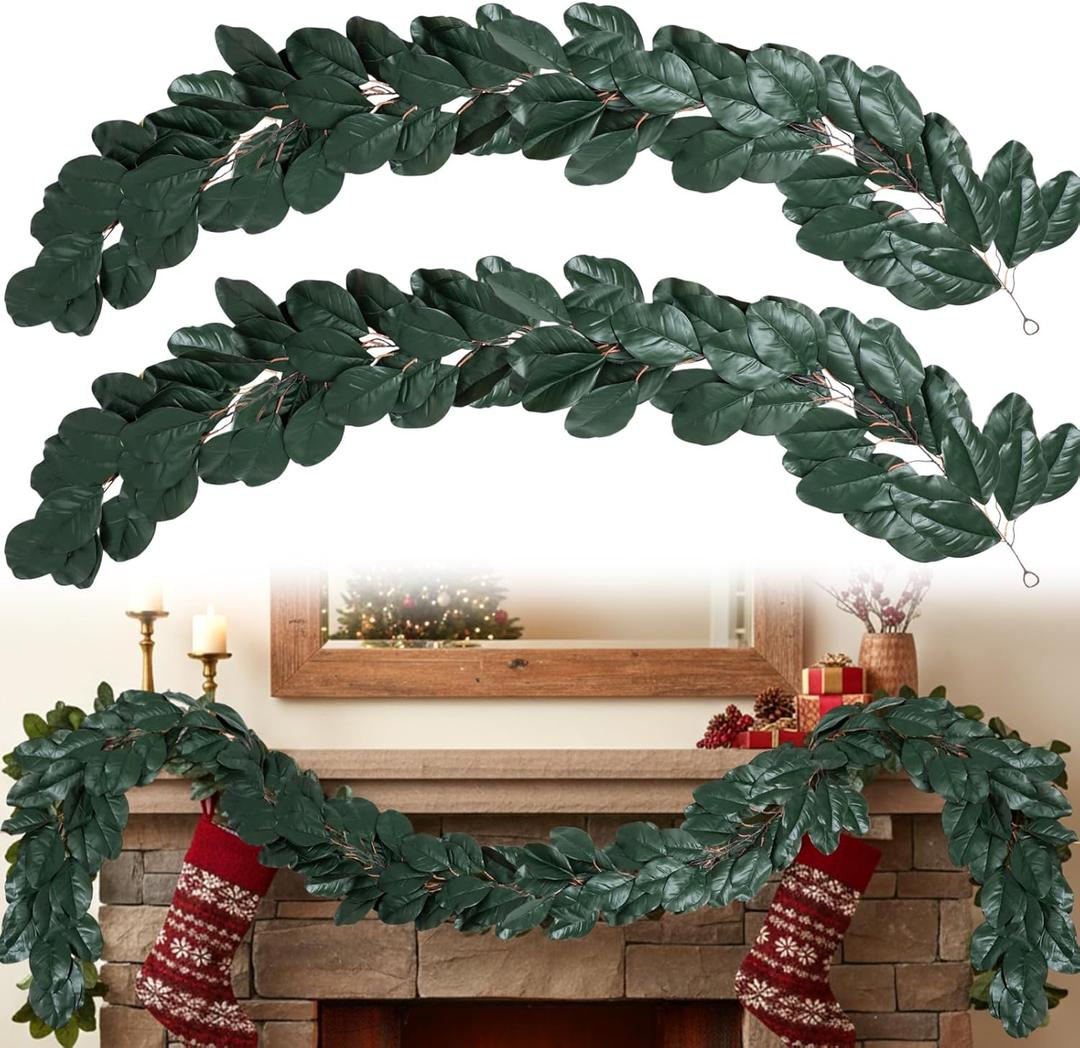 2 Pcs 6 FT Magnolia Leaf Garland Artificial Christmas Green Realistic Garland for Mantle Decorations Natural Faux Magnolia Leaves for Christmas Thanksgiving Wedding Decor(Without Lights)