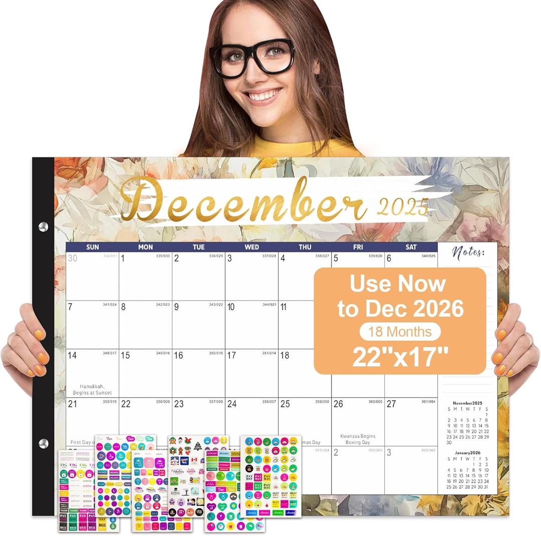 Gannyfer Desk Calendar 2026, Large 2026 Desk Calendar, 22" x 17" 18 Month Yearly Calendar 2025-2026, Thick Paper with Corner Protectors, 2026 Calendar for Home, School, or Office - Colorful Floral(6 Stickers)