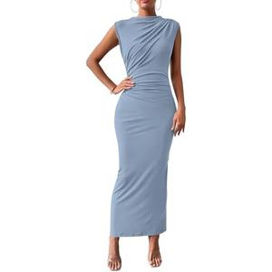 BTFBM Women's Ruched Bodycon Dress Summer Casual Sleeveless Lightweight Back Slit Elegant Club Party Cocktail Maxi Dresses S