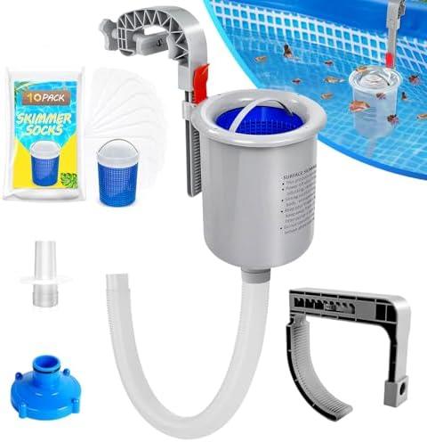 Above Ground Pool Skimmer with 10 PCS Skimmer Socks, Floating Pool Surface Skimmer Basket for Above Ground Pool, Compatible with Intex Inflatable Pools, Efficiently Removes Leaves Debris