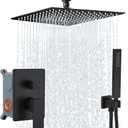 12 Inch Matte Black Ceiling Mount Shower System Bathroom Luxury Rain Mixer Shower Combo Set Ceiling Rainfall Shower Head System Faucet Contain Rough-in Valve and Trim Included