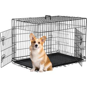 FDW 30 inch Dog Crate Dog Kennel Cage with Double Door Folding Metal Wire Dog Cage with Removable Tray&Divider Panel,Pet Crate for Medium Dogs,Black