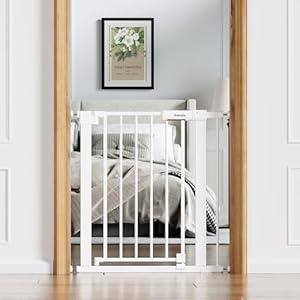 BABELIO Baby Gate for Doorways and Stairs, 26-31" Pet Gate with Wide Walk Thru Door and Lock Indicator, No Drill Pressure Mounted Safety Gate with Double Lock and Self-Closing, White