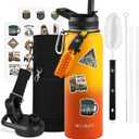 40 oz Insulated Water Bottle with Straw (Cold for 48 Hrs), Stainless Steel Triple Wall Vacuum Sports Water Jug, Leakproof Hydro Cup Flask with Paracord Handle & Straw Spout Lids & DIY Stickers (Orange Gradient)
