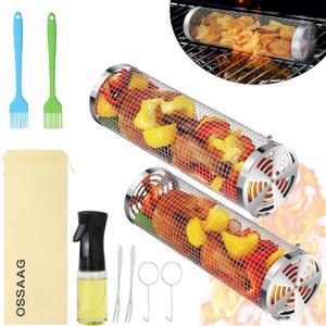 10-Piece BBQ Set: 2 Rolling Grill Baskets for Effortless Flipping, 304 Stainless Steel for Easy Clean, Sausage & Vegetables, Oil Bottle, Forks, Brushes, Outdoor Camping Grilling Accessories, Gifts for Men Dad Husband