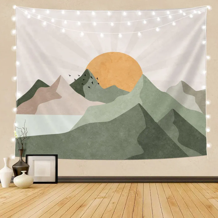SUOTEMEIFEI Sage Green Mountain Sun Boho Tapestry,Simple Art Sunrise Nature Tapestry Sunset Landscape Abstract Aesthetic Wall Bedroom Living Room Decor College Dorm Wall Hanging 60"×50"