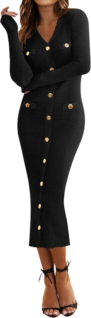MIROL Women's V-Neck Bodycon Sweater Dress 2025 Fall Long Sleeve Button Down Knit Maxi Dress Elegant Long Dresses (Black) L