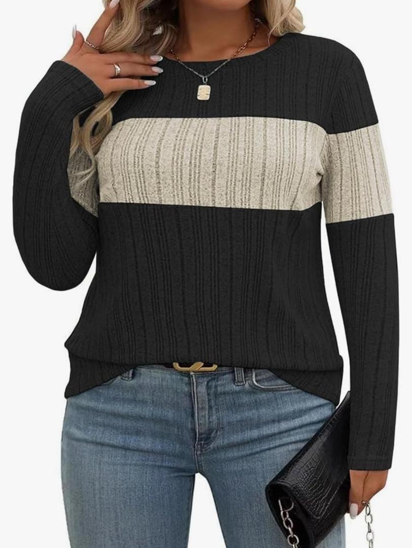 Plus-Size-Womens-Tops Casual Color Block Long Sleeve Shirts Lightweight Knit Pullover Sweaters Trendy Tunics Blouses, Size XL