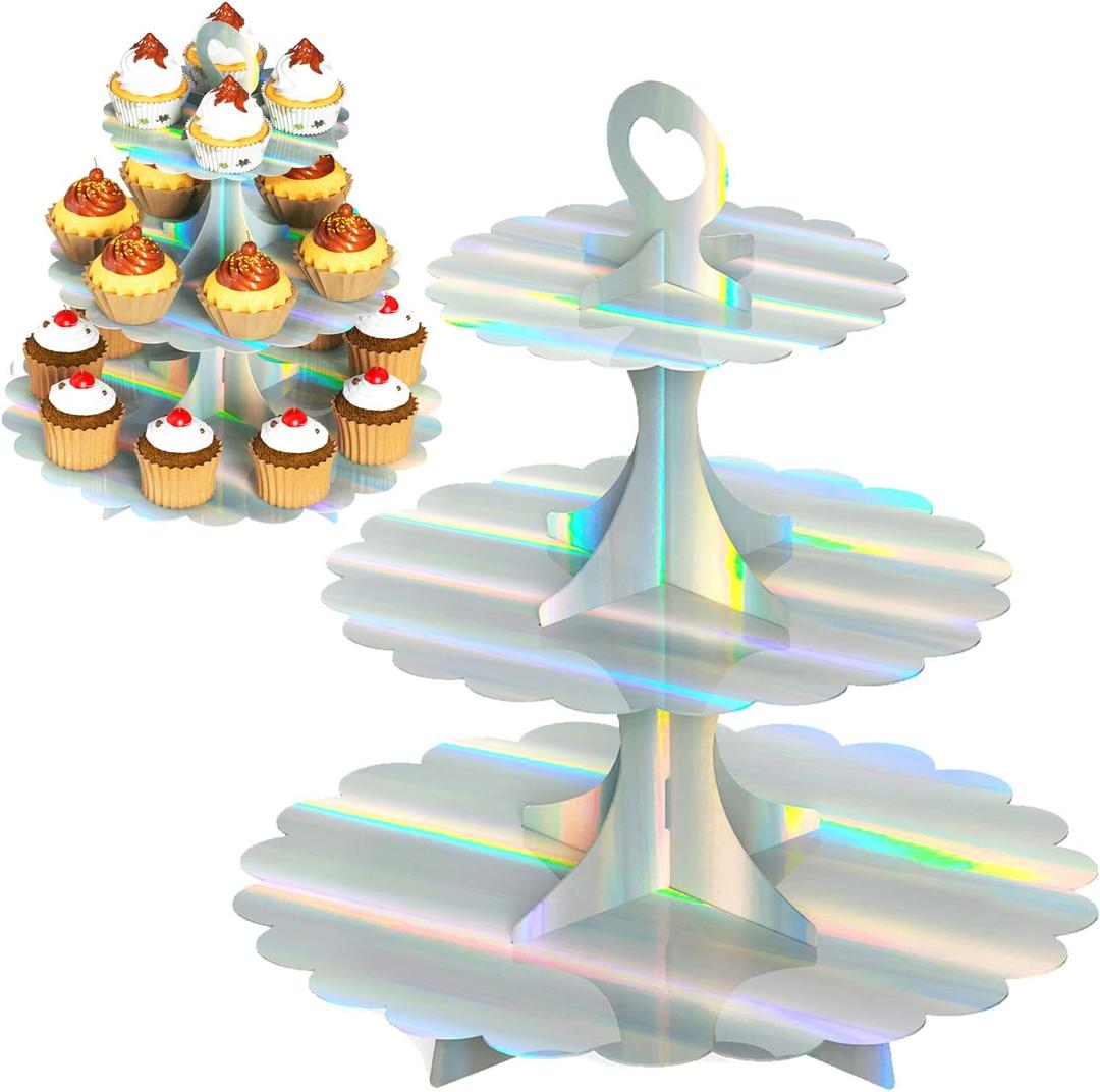 2 Pack Rainbow Silver Cupcake Stand Tower, 3-Tier Round Cardboard Cake Stand, Paper Cake Holder for Dessert Table Displays, Baby Shower Birthday Wedding Party Supplies (Laser)
