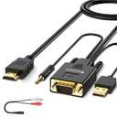 FOINNEX VGA to HDMI Cable 4.5M, Old PC Style New TV/Monitor with HDMI, VGA to HDMI Cord Converter Adapter with Audio for Laptop to Projector