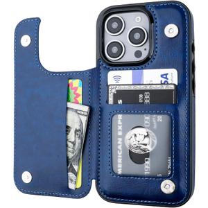 ONETOP Compatible with iPhone 16 Pro Wallet Case with Card Holder, PU Leather Kickstand Card Slots Case, Double Magnetic Clasp and Durable Shockproof Cover 6.3 Inch (Blue)