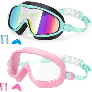 Seago Swim Goggles 2 Pack Anti-Fog Anti-UV Wide View Swimming Goggles for Kids 3-14 (Pink And Blue)