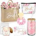 Hushee 6 Pcs Bride Gifts Set for Bachelorette Party, Bridal Shower Gifts Box for Wedding Engagement Engaged Bride to Be, Handbags, Cosmetic Bags, Tumbler, Candle, Card, Hair Scrunchies (Flowers)