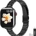 MioHHR Thin Metal Bands Compatible with Apple Watch Band 38mm 40mm 41mm 42mm(Series 10),Slim Narrow Stainless Steel Strap for Women iWatch Bands Series 9 8 7 6 5 4 SE 3 2 1,Black