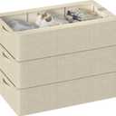 Under Bed Storage Bins with Metal Frame, Shoe Organizer for Closet with Large Clear Windw,Foldable Stackable Linen Fabric Clothes Organizer Bins (Beige, 23.6(L) x13(W) x6(H) inch)