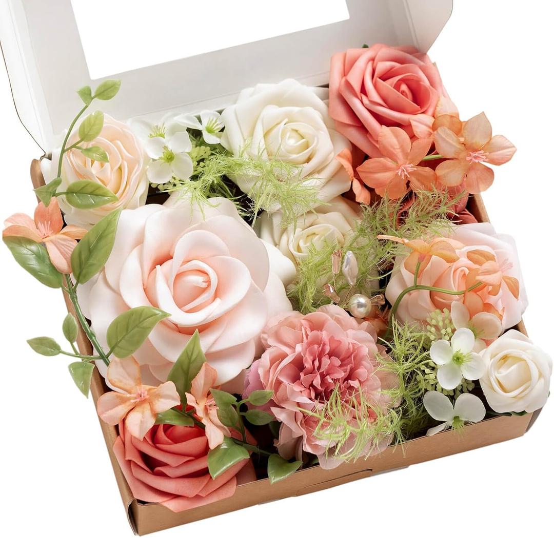 Ling's moment Blush Garden & Cream Artificial Flowers Greenery Mini Box Set, Pink & White Fake Flower for DIY Wedding Bridal Bouquet, Centerpieces Decor, Floral Arrangement Decor, Baby Shower Etc 