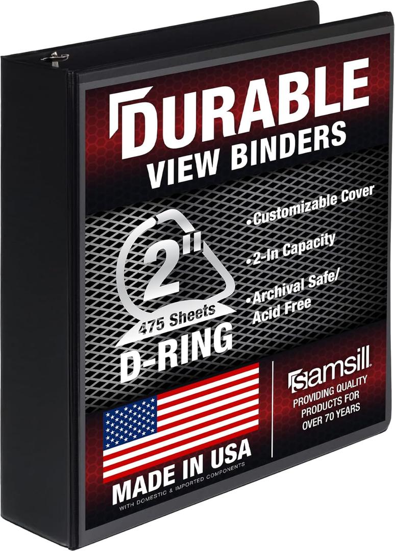 Samsill Durable 2 inch 3 Ring Binder, D Ring Binder, 100% Recycled Chipboard, Black