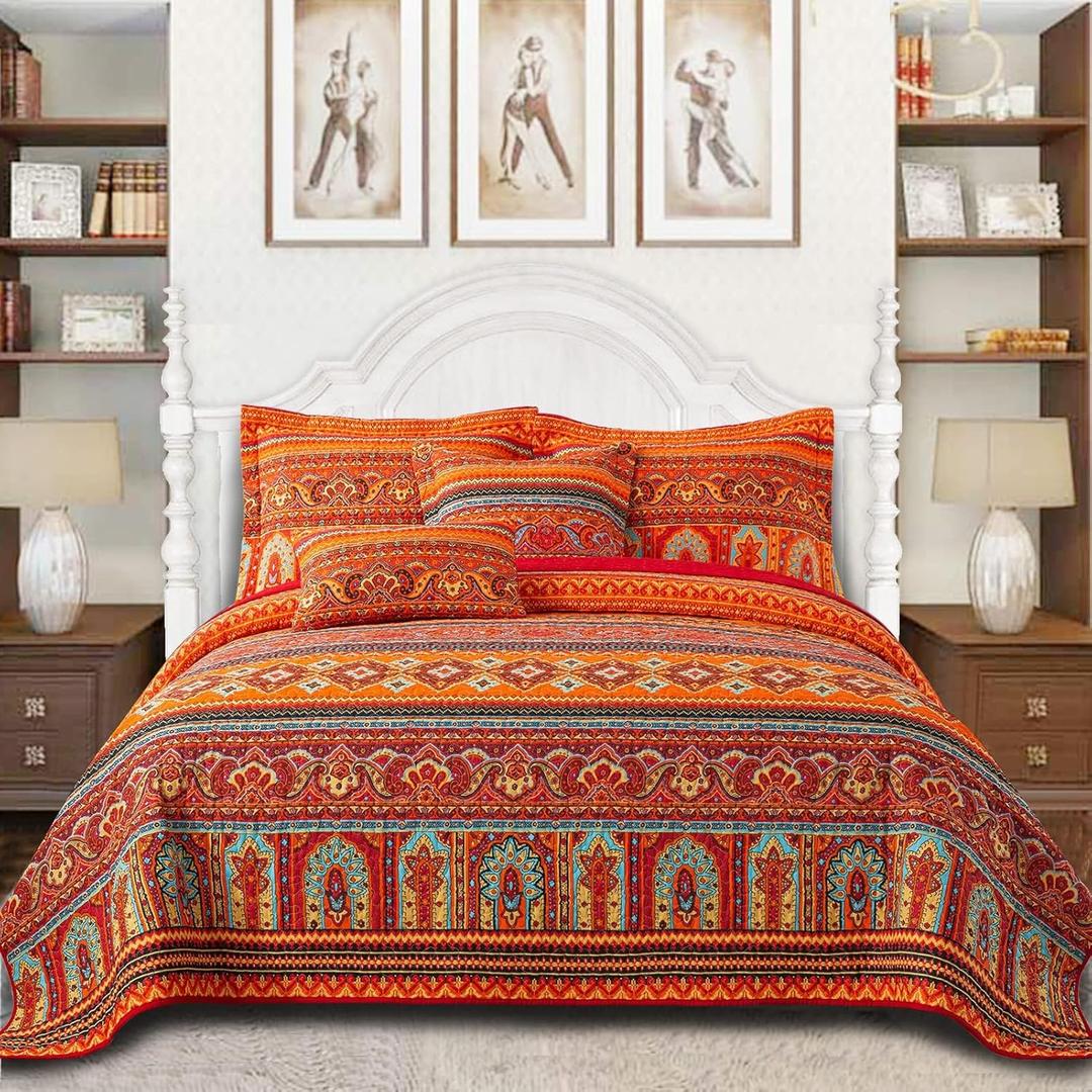 VAPUTAR Cotton Quilt King Size Bedding Set - 3 Pieces King Quilt Bedding Set, Boho King Size Quilts, Lightweight Reversible Coverlets Bedspreads for Farmhouse Bedroom (Red/Orange) (King (98"  106"))