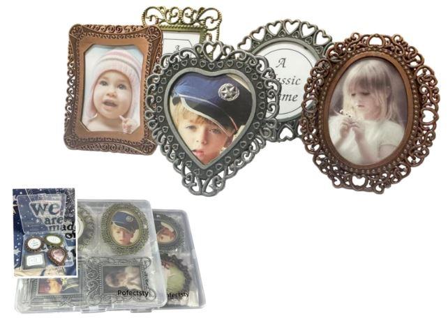 Pofectsty 4 Pcs One-Inch Vintage Picture Frame, Assorted Colors Tiny Metal DIY Photo Frames, 1" x1 1/2" Antique Mini Picture Frame (Random Colors Random Shapes)